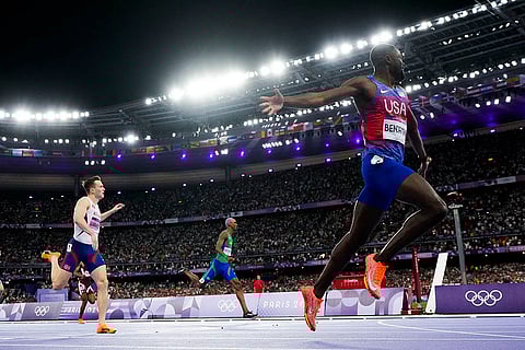 Men's 400 meters hurdles final: Rai Benjamin celebrates after winning the gold medal